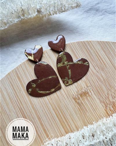Cuore Doppio Marrone Foglia Oro Handpainted